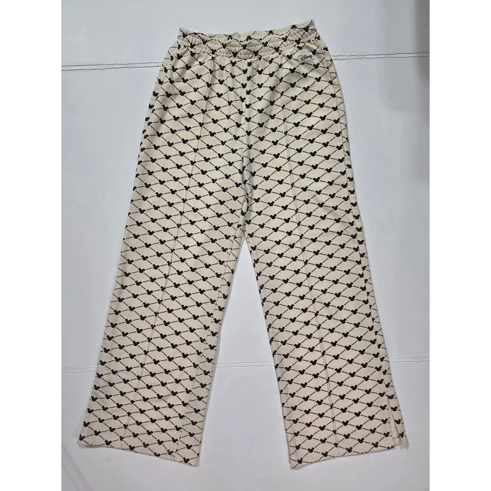 Disney H&M Girls Mickey Mouse Monogram Wide Leg Sweatpants Size 18 Cream Black